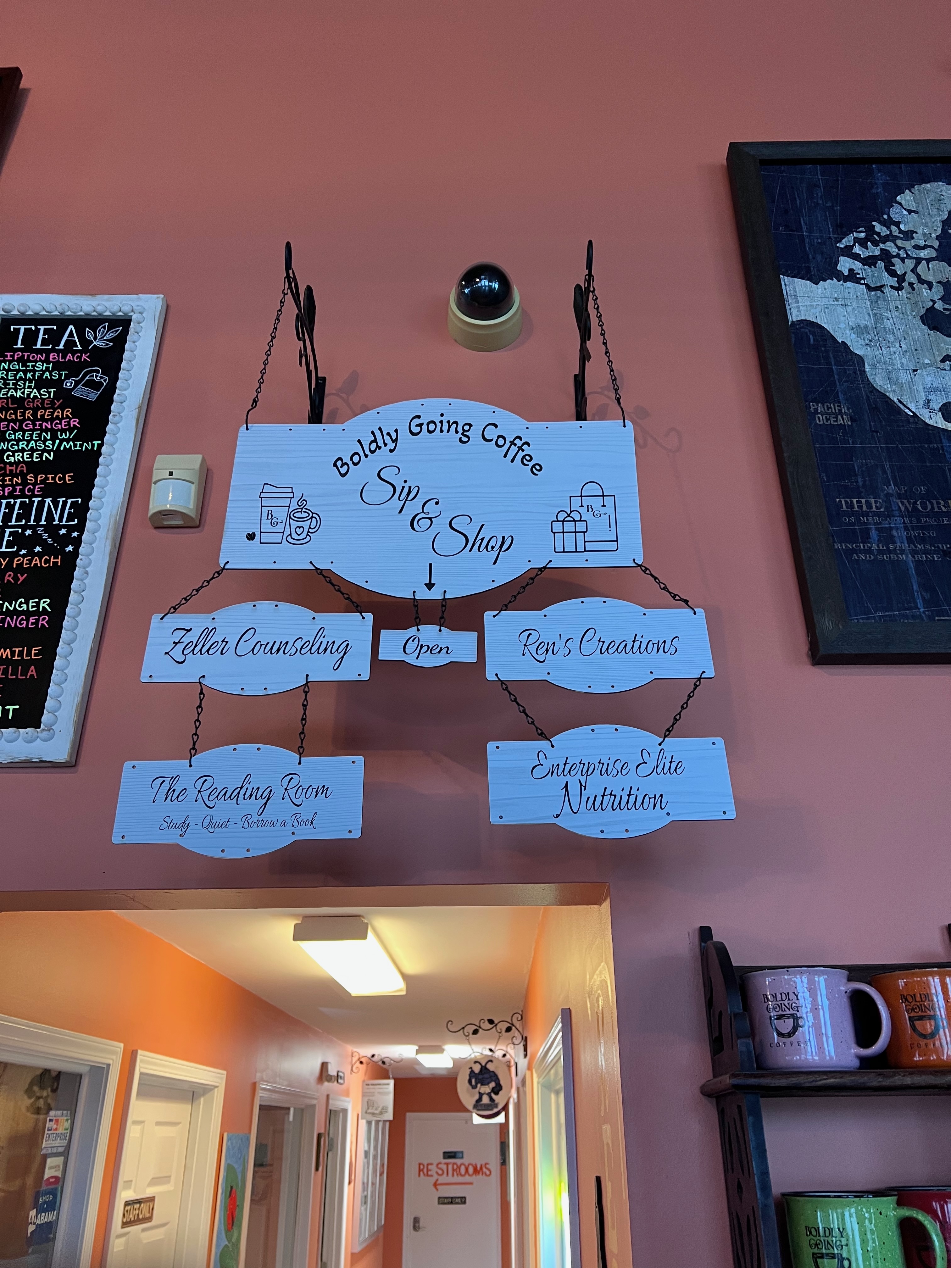 Sign for shops in the back